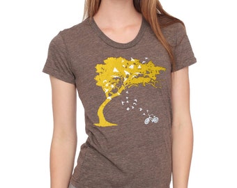 Womens birds bicycle and tree t shirt -american apparel coffee scoop track tri blend brown- available in S, M, L, XL WorldWide Shipping
