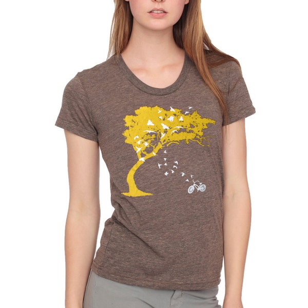 Womens birds bicycle and tree t shirt -american apparel coffee scoop track tri blend brown- available in S, M, L, XL WorldWide Shipping