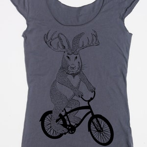 womens jackalope on a bike American Apparel asphalt gray boat neck available in S,M, L, XL Worldwide Shipping image 1