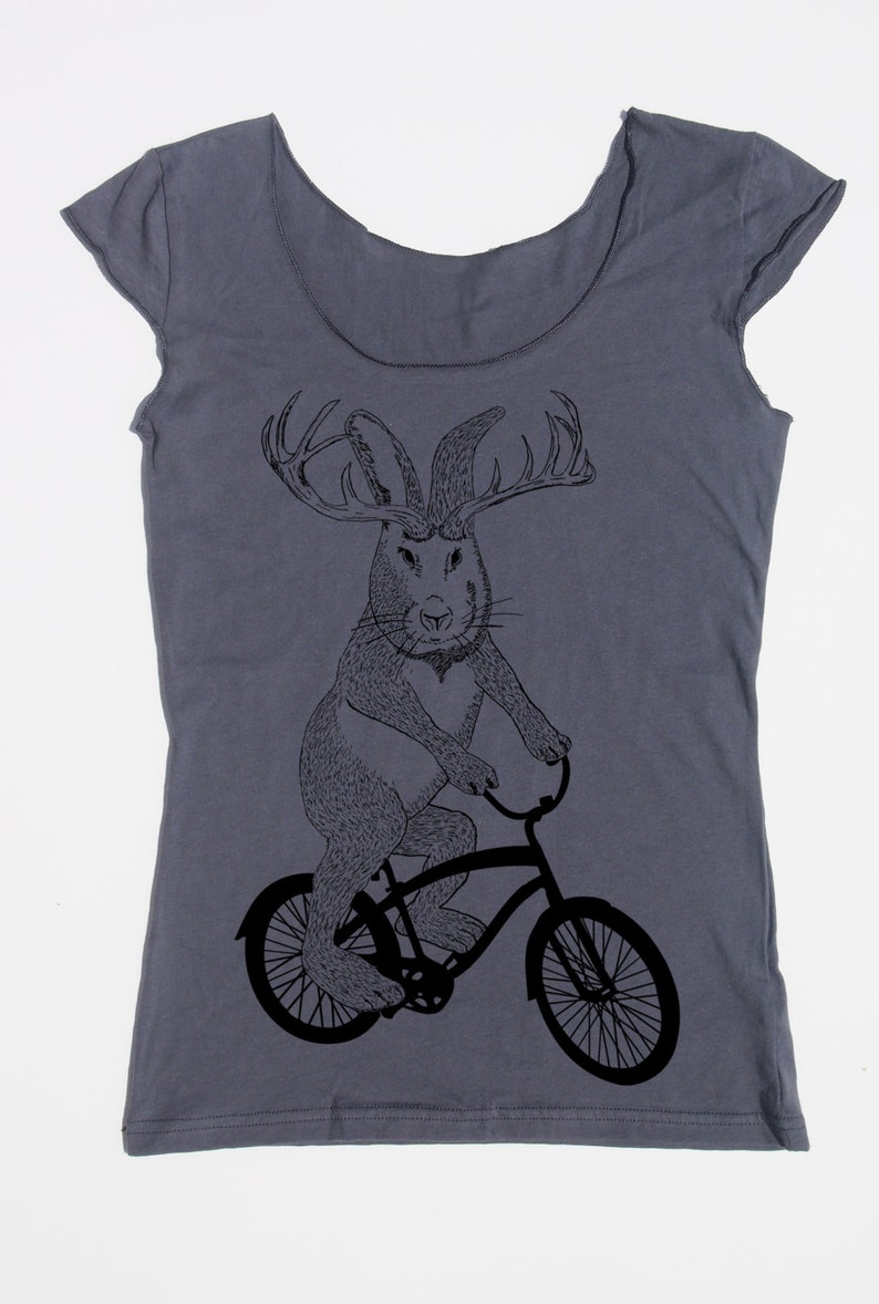 womens jackalope on a bike American Apparel asphalt gray boat neck available in S,M, L, XL Worldwide Shipping image 1