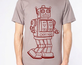 mens vintage robot t shirt- Organic American Apparel cinder- available in S,M,L,XL,XXL- Wordwide Shipping