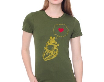 heart thinking heart -womens t shirt- american apparel- olive green- available s,m, l, xl - Worldwide Shipping