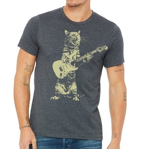 Cat playing guitar shirt mens cat playing guitar tshirt music tee mens graphic t shirts Heather Charcoal