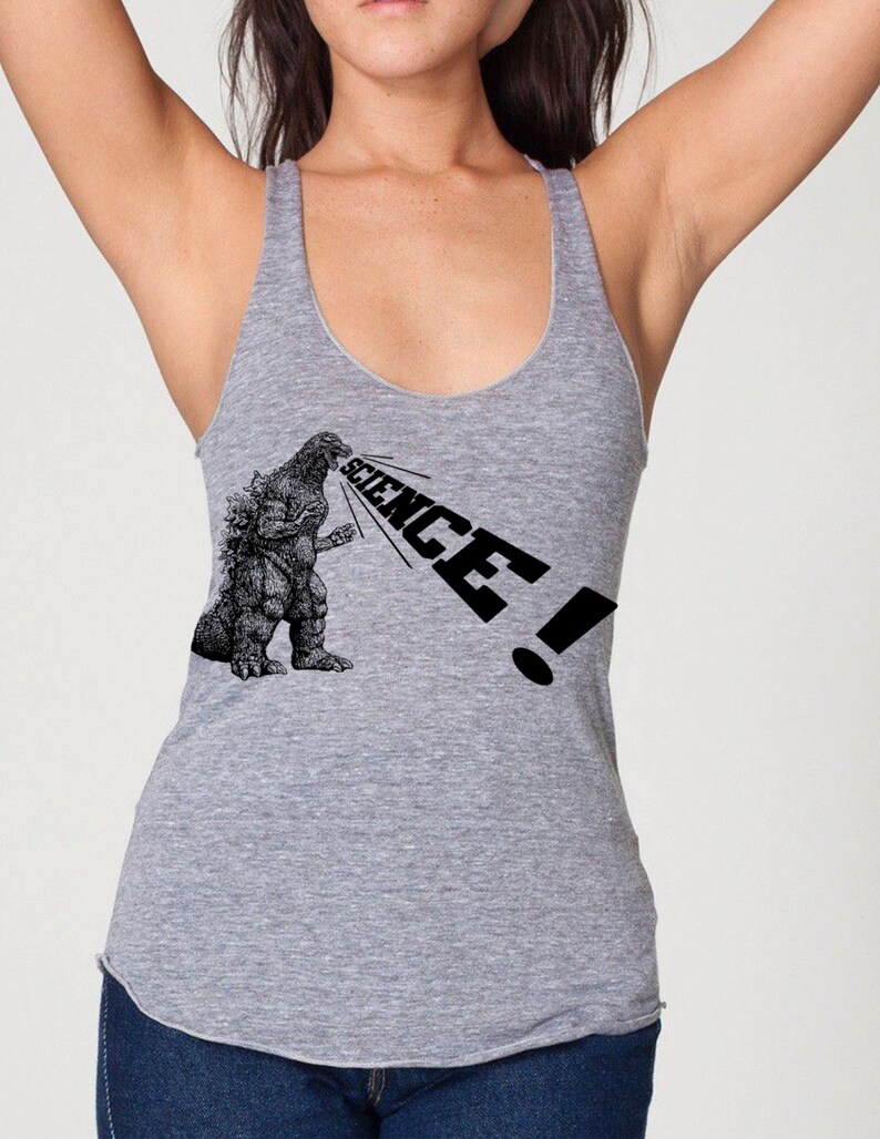 Womens Godzilla Science racerback tank top Aamerican Apparel or Bella Canvas athletic gray available in XS, S, M, L WorldWide Shipping image 2