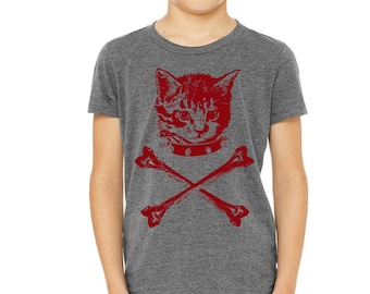 Cat Crossbones Kids T-Shirt: Animal Graphic Tee for Boys & Girls