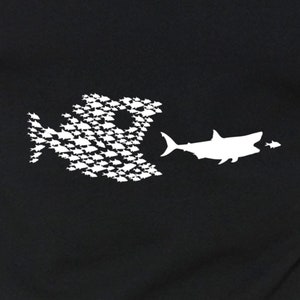 May include: A black and white graphic design of a large shark swimming towards a school of fish. The fish are arranged in a shape of a fish.