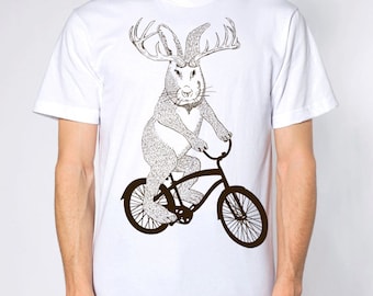 Jackalope on a bike t shirt- american apparel white- sizes S, M, L and XL- WorldWide Shipping