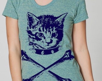 womens kitten crossbones American- Apparel athletic tri blend lemon- available in S, M, L , XL WorldWide Shipping