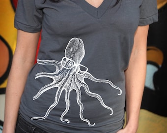 Womens Hipster Octopus - Deep V Neck, american apparel asphalt gray t shirt, XXS -L  WorldWide Shipping