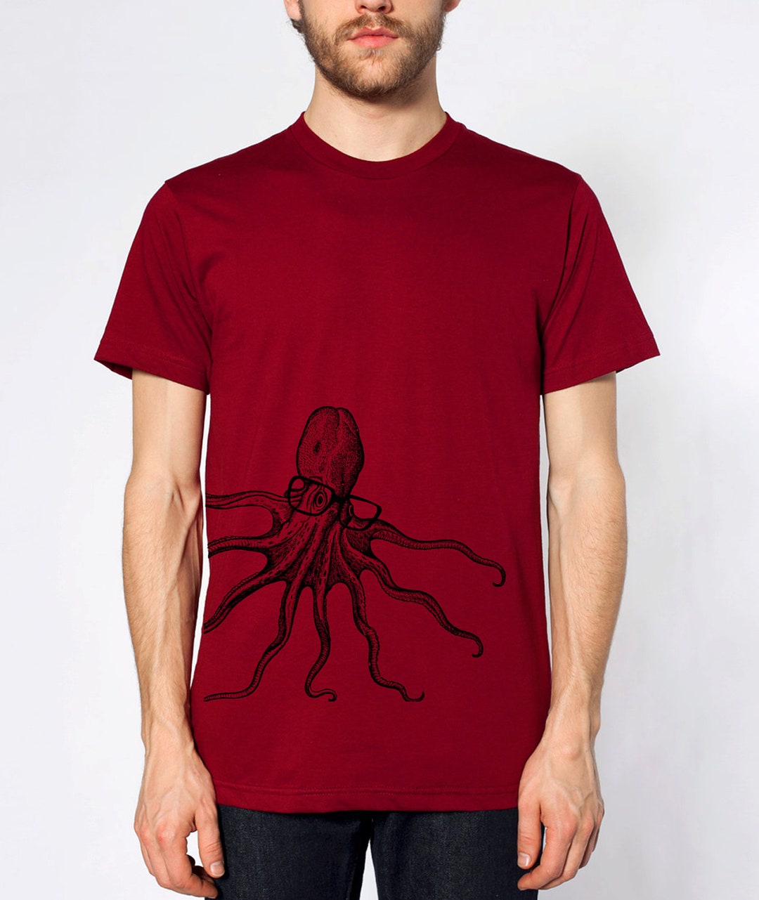 Mens Octopus Wearing Glasses American Apparel Cranberry T Shirt ...