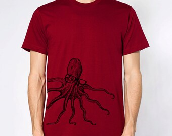 mens octopus wearing glasses- American Apparel Cranberry t shirt- available in S,M, L, XL,XXL- worldwide shipping