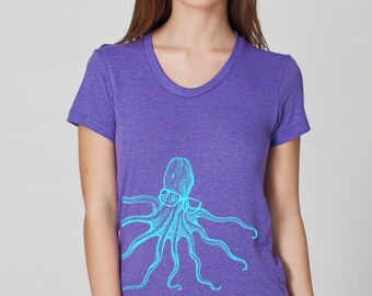 Womens Octopus wearing glasses t shirt - american apparel orchid- available in S, M, L , XL WorldWide Shipping