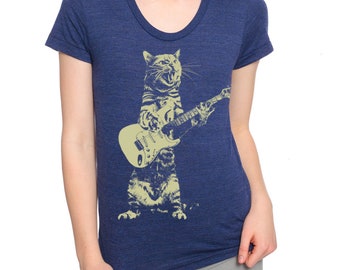 Cat playing guitar shirt | womens rock & roll cat tshirt | girls music tee | women's graphic t shirts