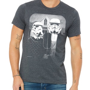 Star Wars shirt, Storm Trooper funny parody t-shirt, American Gothic StarWars mens tshirt, birthday gift for him, mens graphic tee Heather Charcoal