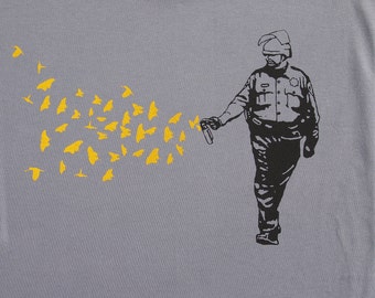 Mens Pepper Spray Cop -butterflies birds on mens t shirt- american apparel slate gray, available in S,M, L ,XL, XXL- WorldWide shipping