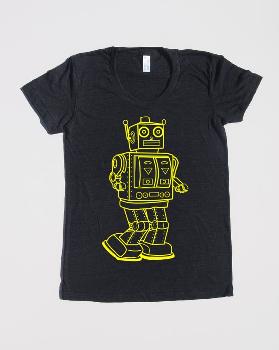 Womens Vintage Robot T Shirt- American Apparel Heather Black