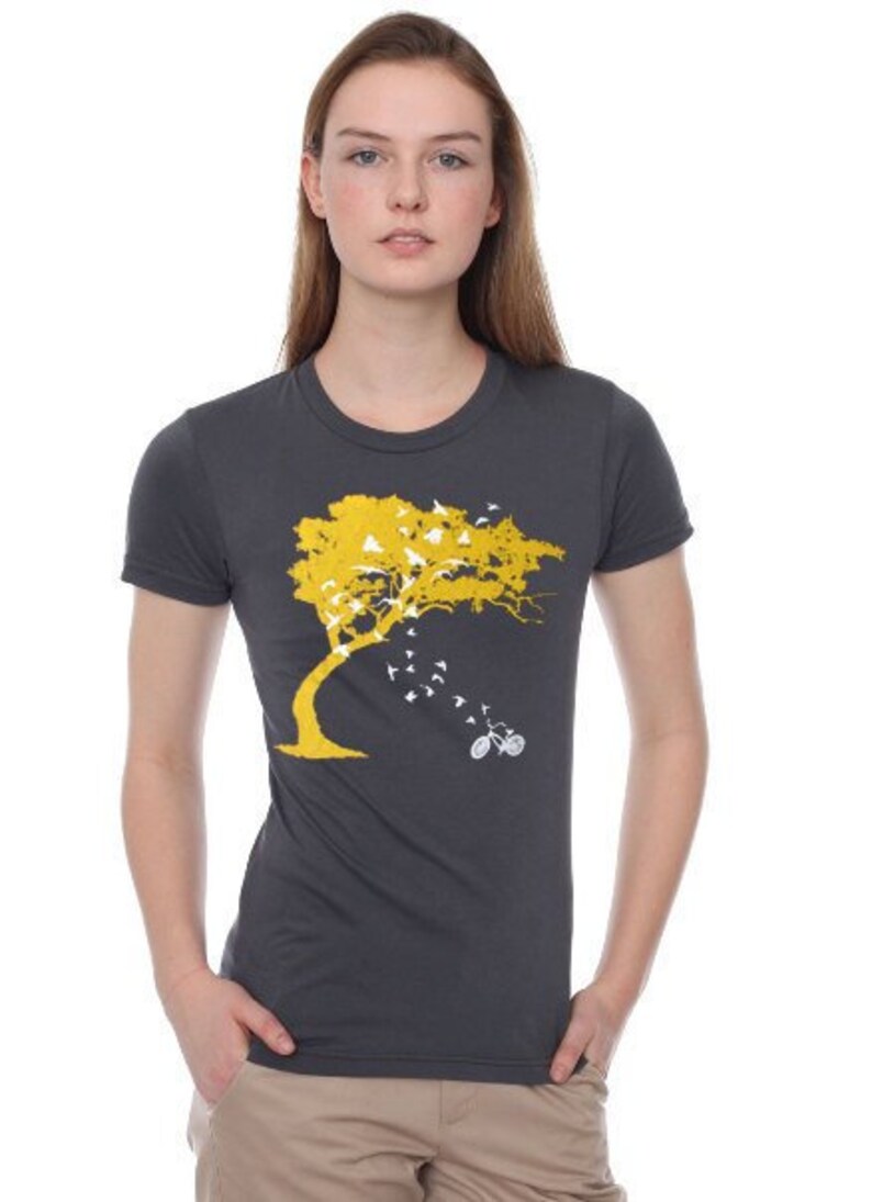 womens birds bicycle and tree american apparel asphalt gray t shirt available in S, M, L and XL Worldwide shipping image 1