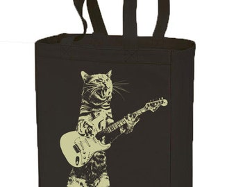 Cat playing guitar tote bag- cotton canvas natural carry bag- graphic print grocery bag