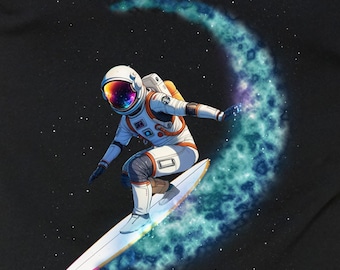 Surfing Astronaut in Space T-Shirt, Cosmic Surfer Graphic Tee,  Galaxy Cosmos graphic Shirt