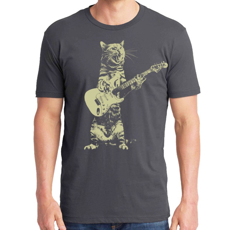 Cat playing guitar shirt mens cat playing guitar tshirt music tee mens graphic t shirts Charcoal