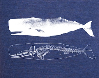 womens whale and skeleton shirt- Bella Canvas tri blend navy- available in s,m, l, xl -WorldWide Shipping