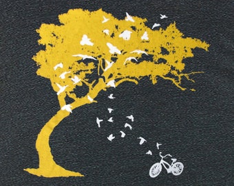 womens bicycle birds and tree- American Apparel or Bella Canvas heather black scoop neck t shirt- available S- XL- Worldwide Shipping