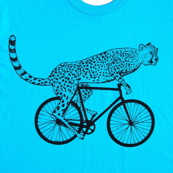 mens cheetah on a bike t shirt- American Apparel turquoise, available in S, M, L, XL, XXL- WorldWide Shipping