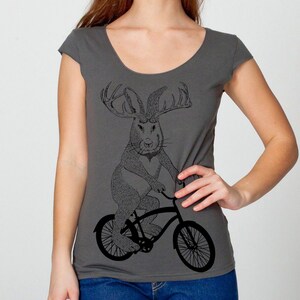 womens jackalope on a bike American Apparel asphalt gray boat neck available in S,M, L, XL Worldwide Shipping image 2