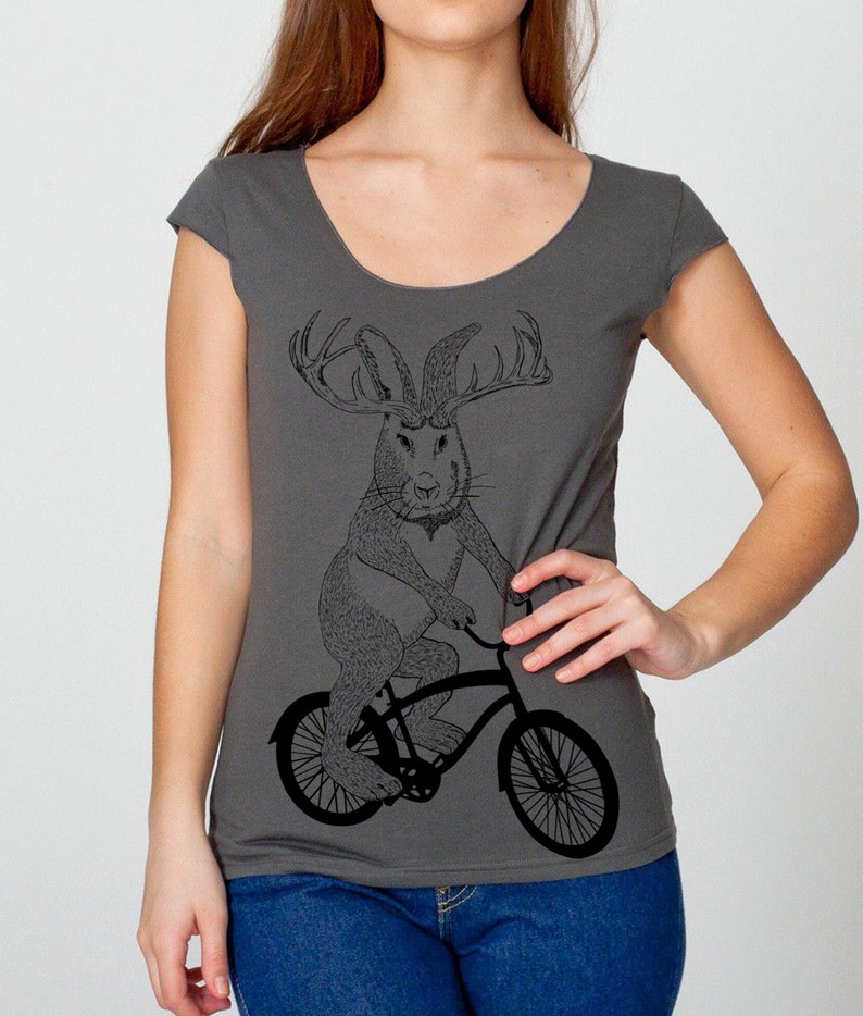 womens jackalope on a bike American Apparel asphalt gray boat neck available in S,M, L, XL Worldwide Shipping image 2