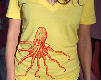 SALE! Womens Octopus wearing glasses- deep V Neck, american apparel sunshine yellow t shirt, XXS -L  WorldWide Shipping