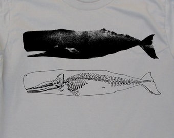 Mens whale and skeleton on mens American Apparel silver t shirt - s, m, l, xl, xxl- Wordwide Shipping