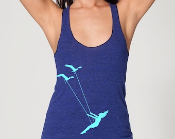womans racerback tank top- flying bird swing American Apparel indigo - available in XS,S,M, L- Worlwide Shipping