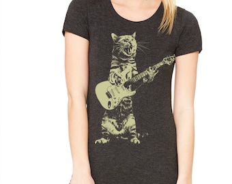Cat playing guitar shirt | womens rock & roll cat tshirt | girls music tee | women&#39;s graphic t shirts