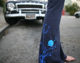 Women's yoga Pants stretch cotton -- songbird- available in S, M, L, XL, XXL- Custom Length-Navy and Black-Worldwide Shipping