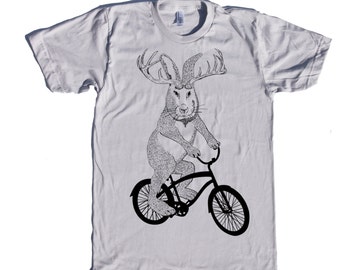 Jackalope on a bike t shirt- american apparel silver- sizes S, M, L and XL- WorldWide Shipping