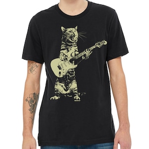 Cat playing guitar shirt mens cat playing guitar tshirt music tee mens graphic t shirts Black