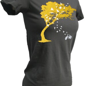 womens birds bicycle and tree american apparel asphalt gray t shirt available in S, M, L and XL Worldwide shipping image 2