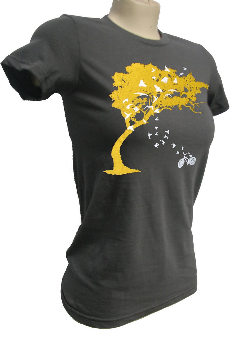 womens birds bicycle and tree american apparel asphalt gray t shirt available in S, M, L and XL Worldwide shipping image 2