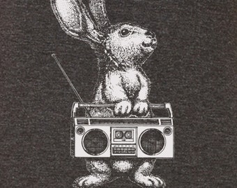 Rabbit Boombox Graphic T-Shirt: Retro Music Bunny Women's Tee