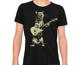 kids cat playing guitar tshirt - rock and roll cat band tee - graphic screen print cat t shirt