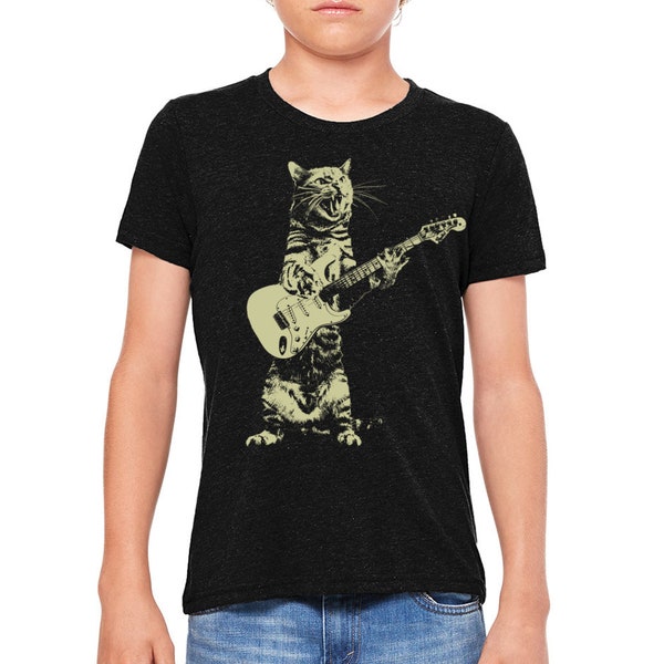 kids cat playing guitar tshirt - rock and roll cat band tee - graphic screen print cat t shirt