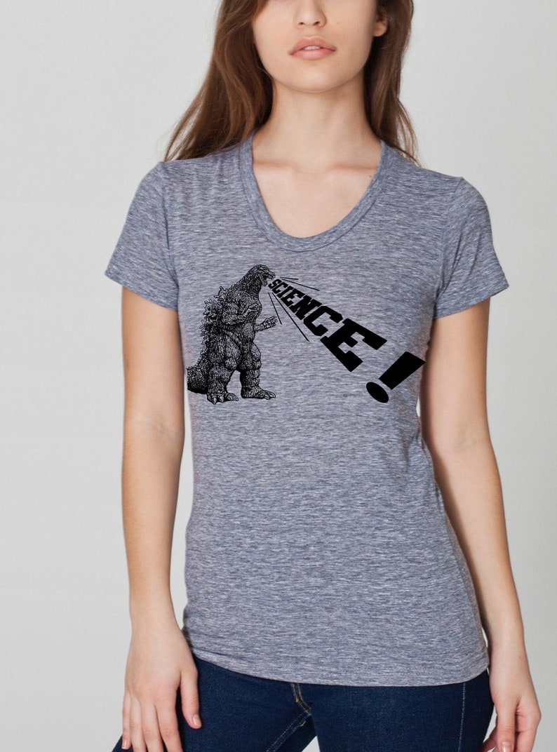 Womens Godzilla Science t shirt Bella Canvas athletic gray available in S, M, L , XL WorldWide Shipping image 2