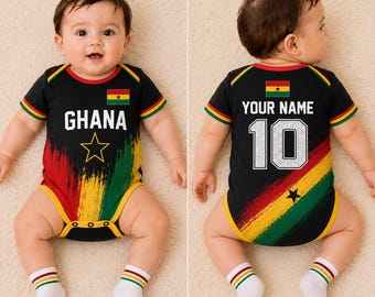 Custom Ghana Baby Soccer Bodysuit, Personalized Ghana Flag Infant Onesie, Name Number Football Baby Gift