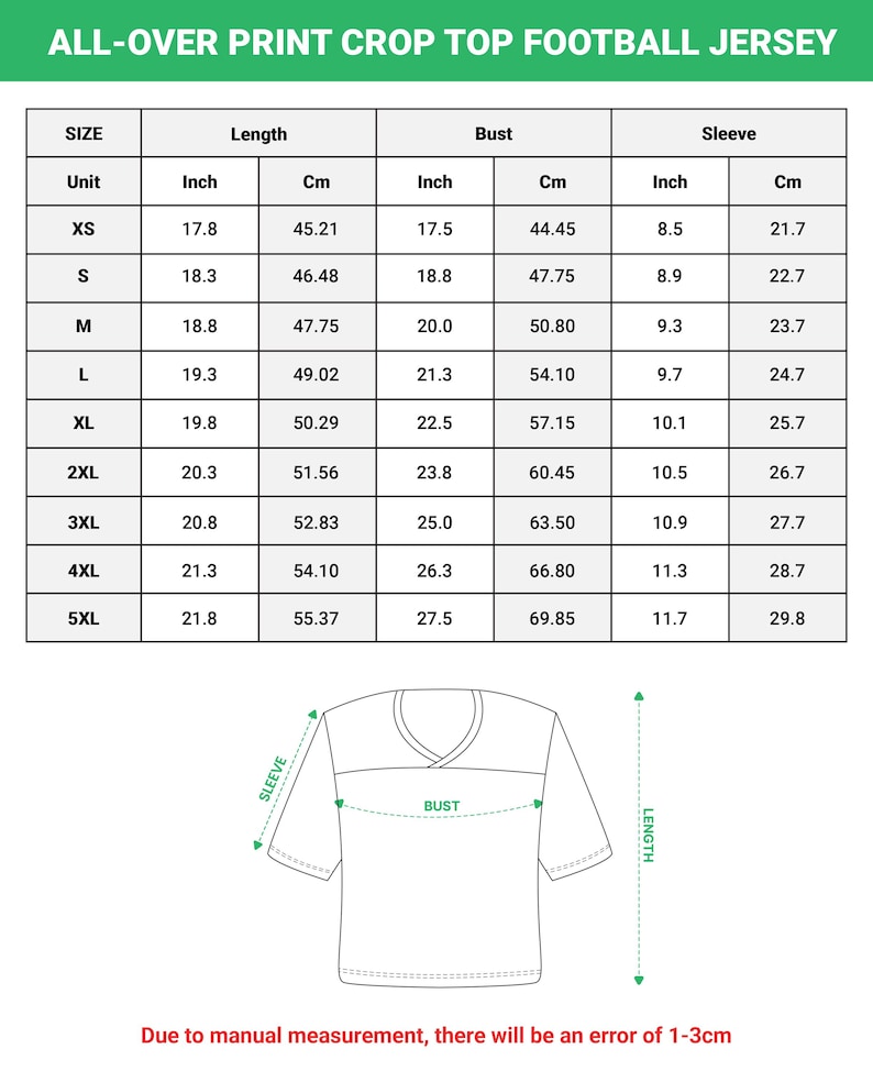 May include: A size chart for an all-over print crop top football jersey. The chart lists sizes XS through 5XL with corresponding length, bust, and sleeve measurements in inches and centimeters. A line drawing of a jersey illustrates the measurement points.