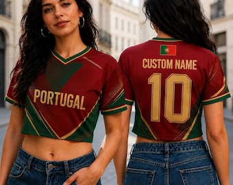 Personalized Portugal Soccer Crop Top Jersey, Custom Football Jersey for Women, Portuguese Supporter Outfit, Game Day Fan Shirt