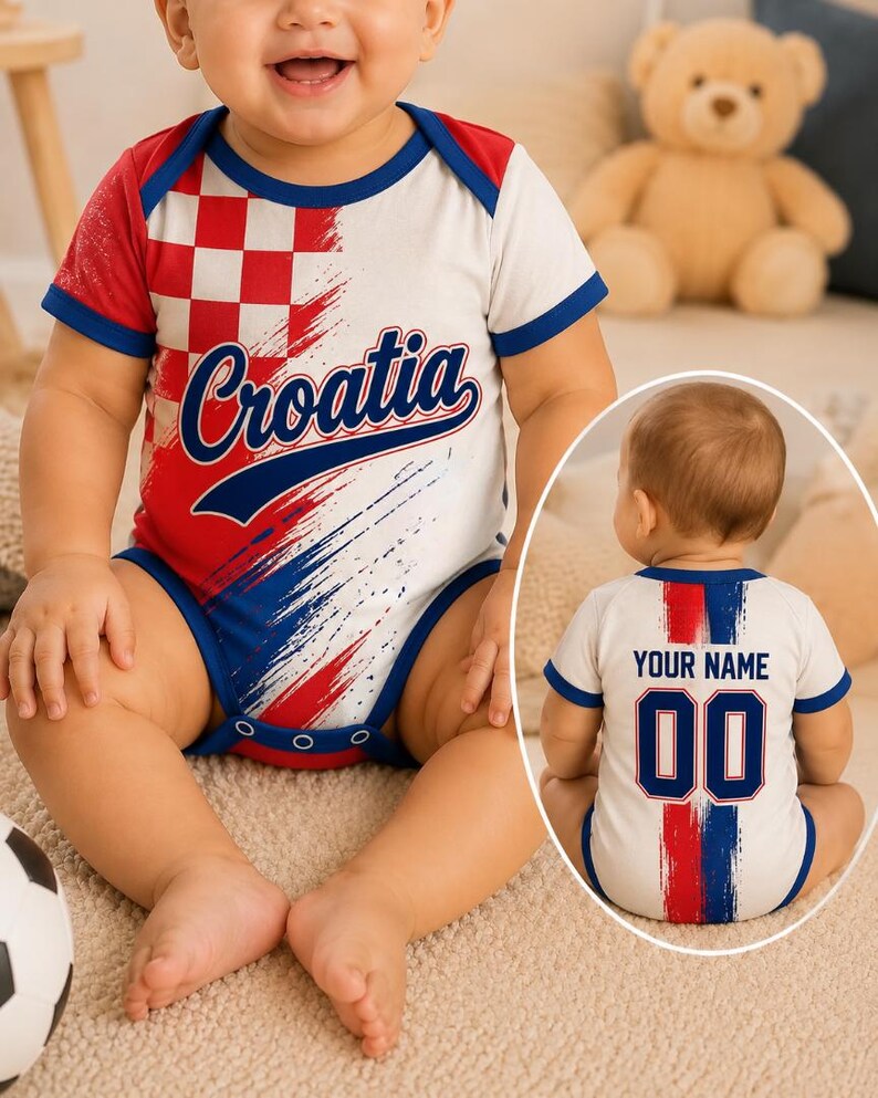 May include: A short-sleeved baby bodysuit featuring a red and white checkered pattern on the front with the text Croatia in blue. The back displays the text Your Name above the number 00, accented by red and blue brushstroke graphic details.