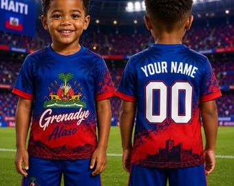 Personalized Haiti Kids Soccer Jersey Set, Custom Name Number Football Outfit, Grenadye Alaso Haiti Fan Shirt & Shorts for Boys