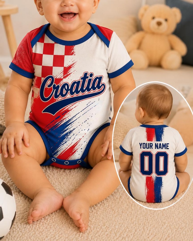 May include: A short-sleeved baby bodysuit featuring a red and white checkered pattern on the front with the text Croatia in blue. The back displays the text Your Name above the number 00, accented by red and blue brushstroke graphic details.
