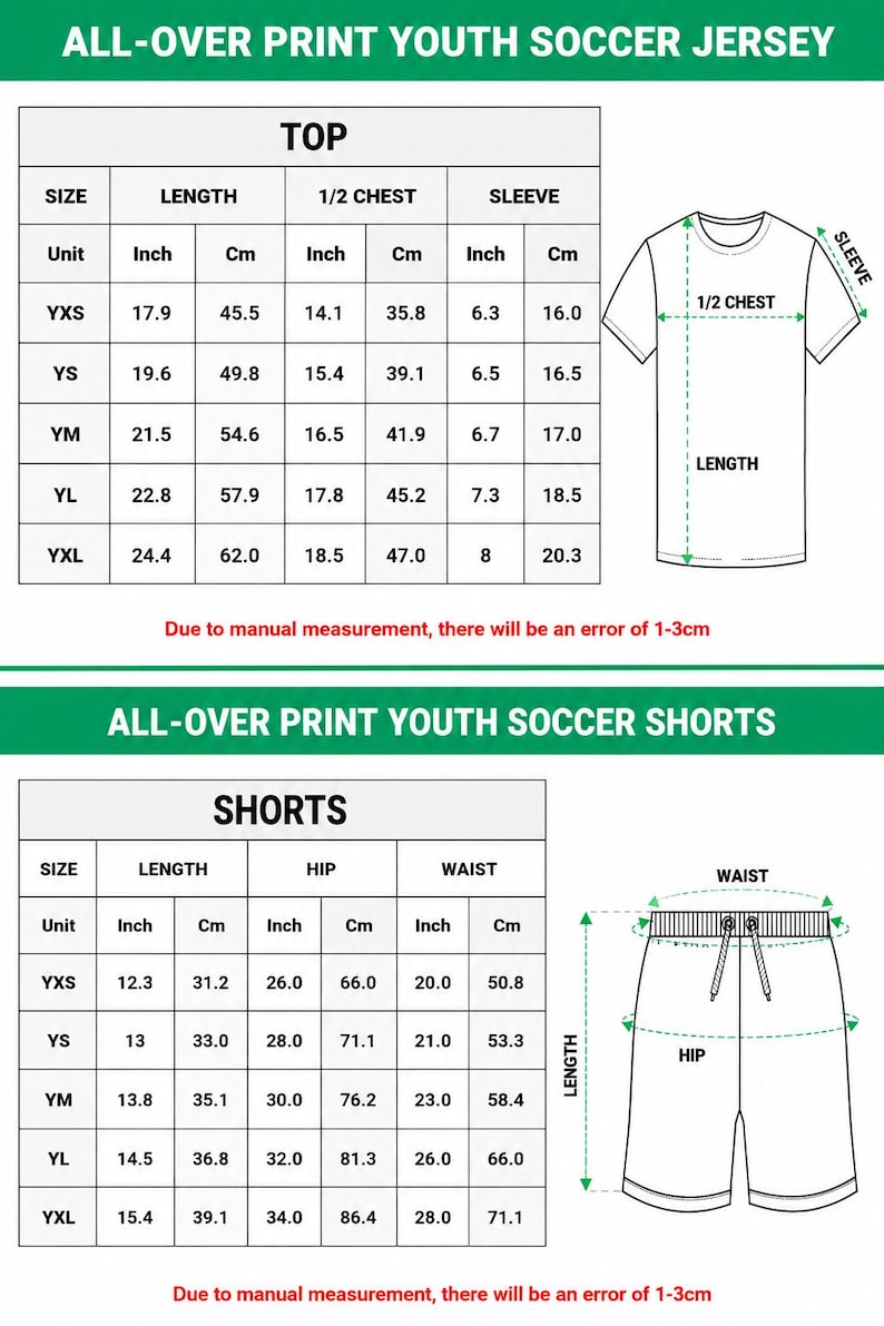 May include: A size chart for an all-over print youth soccer jersey and shorts. The chart displays measurements in inches and centimeters for sizes YXS to YXL, including length, chest, sleeve, hip, and waist dimensions with diagrams.