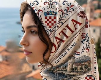 May include: A cream-colored headscarf featuring a red and white checkered coat of arms, the text "CROATIA" and "CUSTOM NAME," and a detailed illustration of a coastal town with a stone tower, palm trees, and a small Croatian flag.